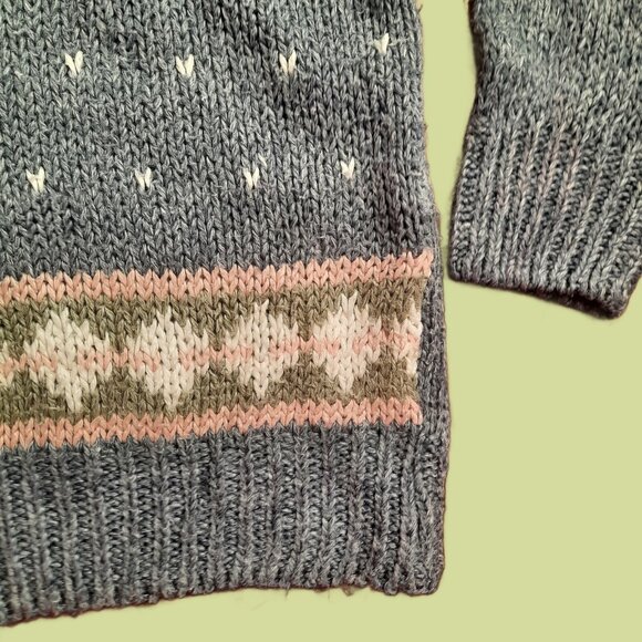 Vintage 80s Floral Fair Isle Hand Knit Sweater Blue Pink Size Oversized Size S - Picture 4 of 8
